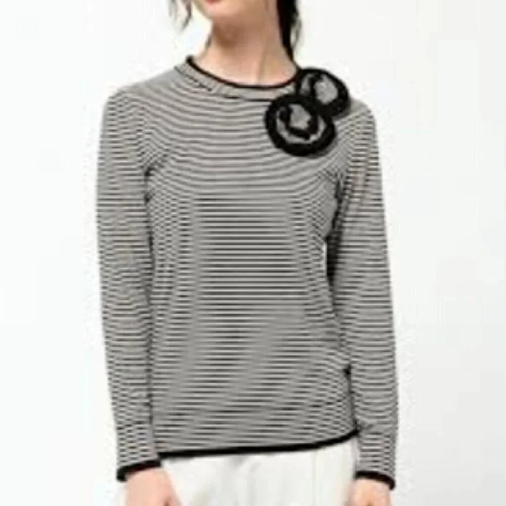 Kate Spade Cotton Cashmere Crew Neck Sweater Womens XS Black White Stripe Rosett